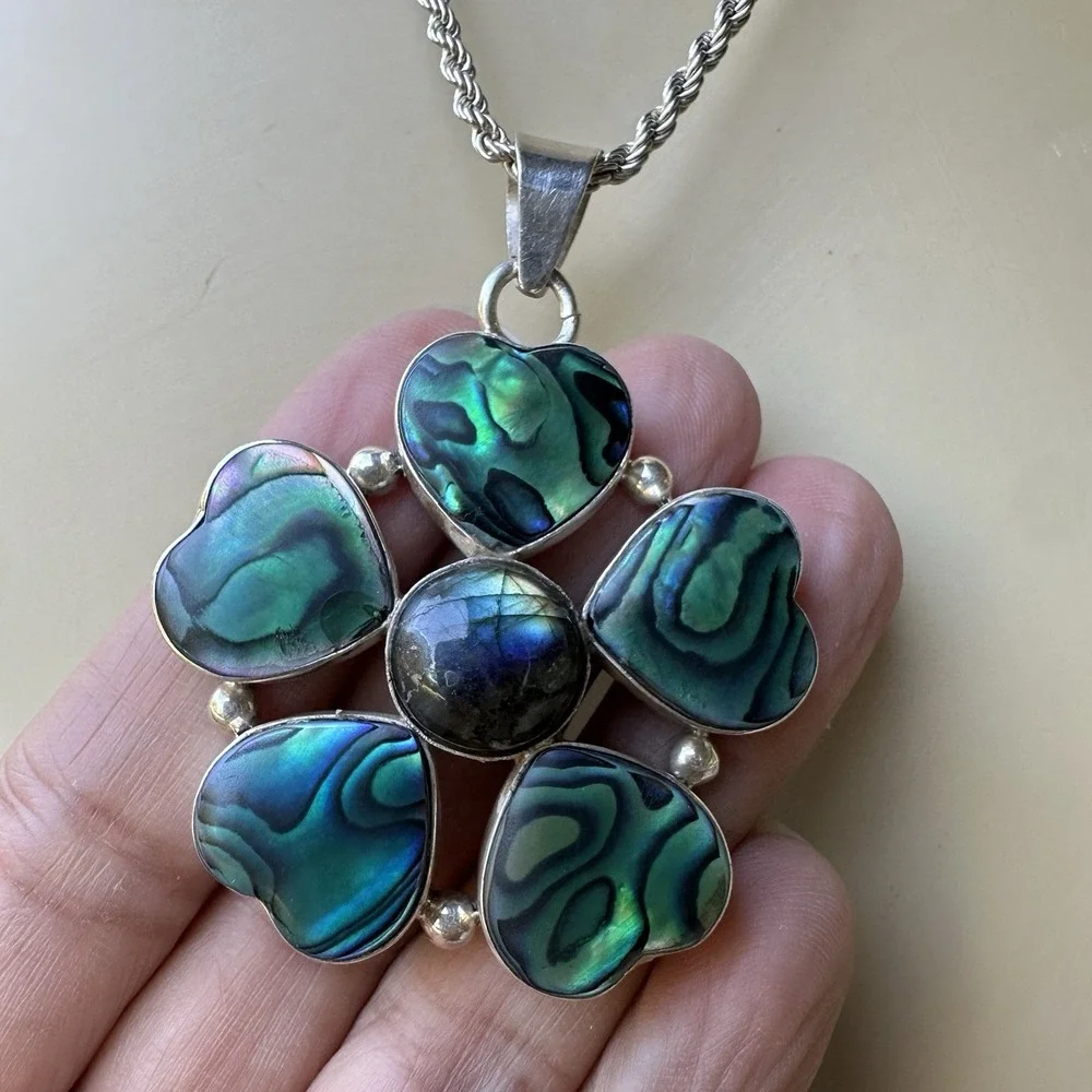 VTG Pendant Necklace 17 Inch Abalone Labradorite Flower Italy 925 Sterling 24.1g